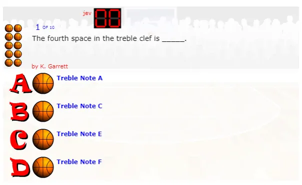 Treble And Bass Clef Lines And Spaces Basketball Quiz music game online