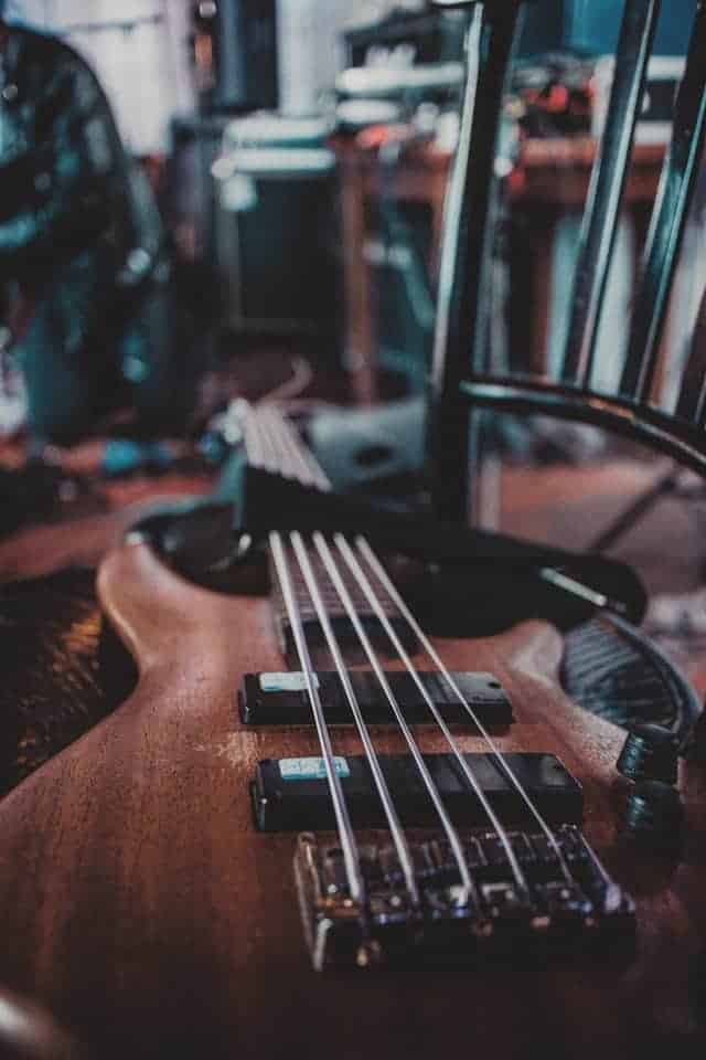 close up of bass guitar strings