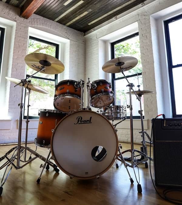 drum kit in a practice room