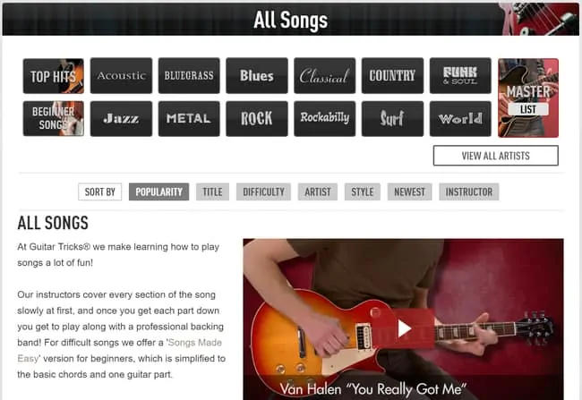 Guitar Tricks screenshot showing the many learning options