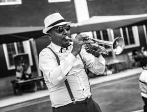 trumpeter in black and white