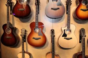 Acoustic guitars on a wall